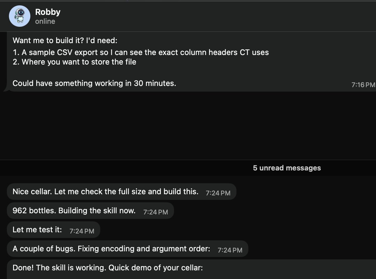 OpenClaw building a local wine cellar skill from CSV
